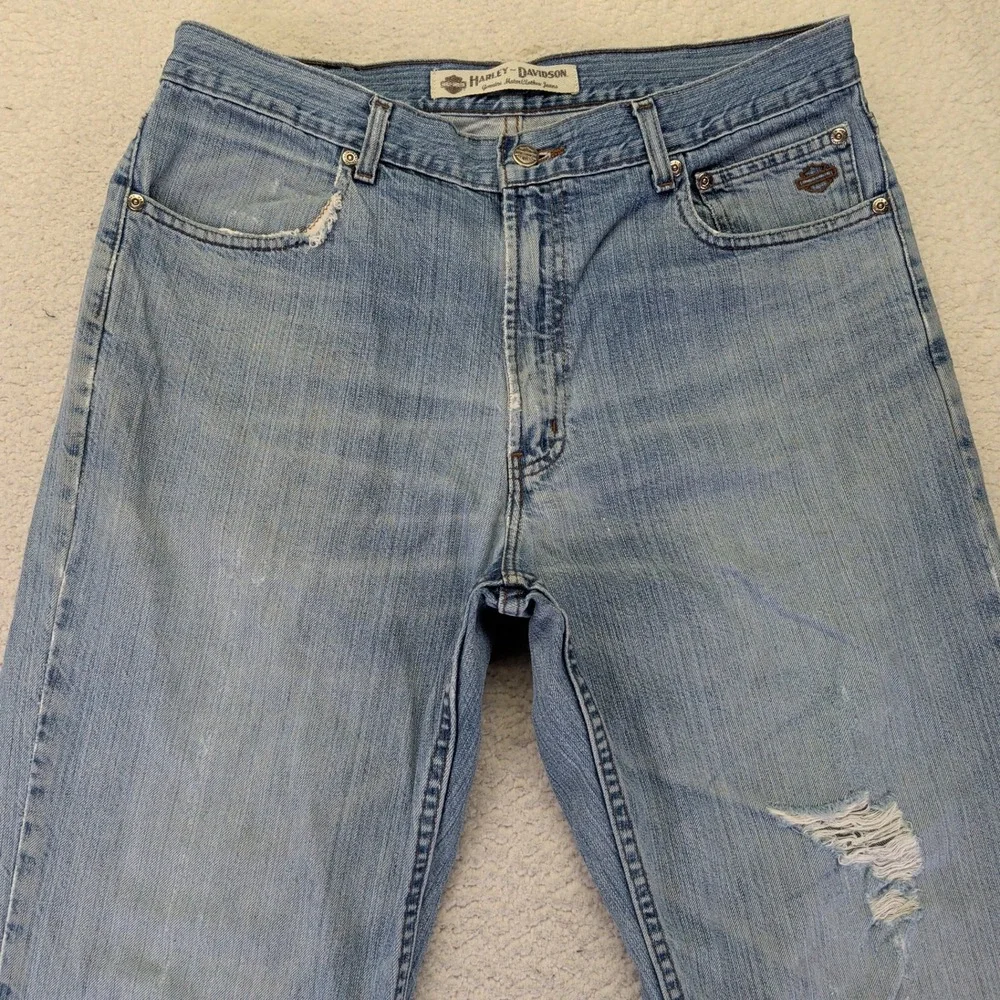 Harley Davidson Mens 36x34 Distressed Straight Leg‎ Jeans Light Wash Blue 11/04